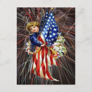 Vintage patriotisches Kind und moderne Feuerwerke, Postkarte