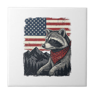 Vintage patriotisches Waschbär Berg Flagge Shirt D Fliese
