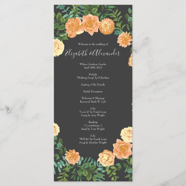 Vintage Peach Rose Hochzeit mit Karkohle Grau Menükarte (Vorderseite)