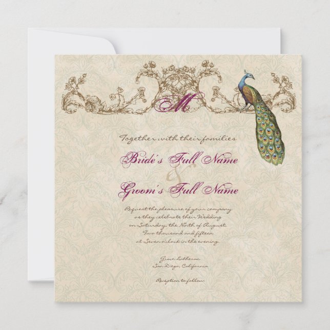 Vintage Peacock & Etchings Wedding Einladung (Vorderseite)