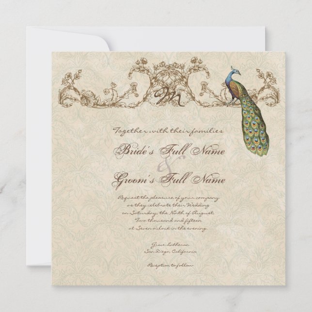 Vintage Peacock & Etchings Wedding Einladung (Vorderseite)