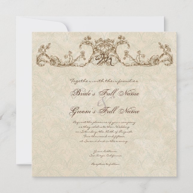 Vintage Peacock & Etchings Wedding Einladung (Vorderseite)