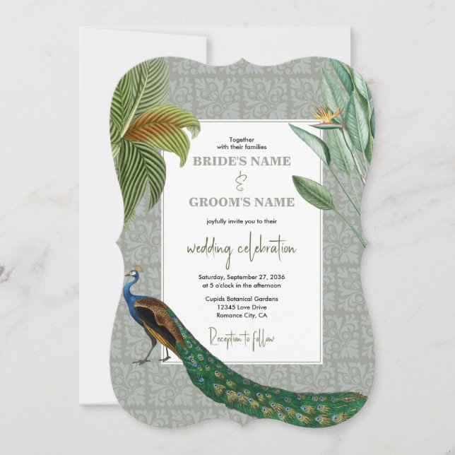 Vintage Peacock Feather Tropical Greenerity Weddin Einladung (Vorderseite)