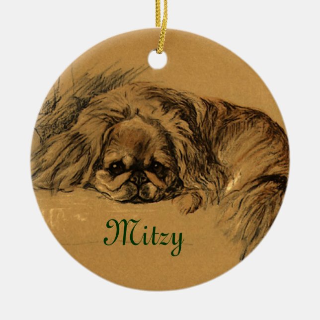 Vintage Pekingese Weihnachtsverzierungen Keramikornament (Vorne)