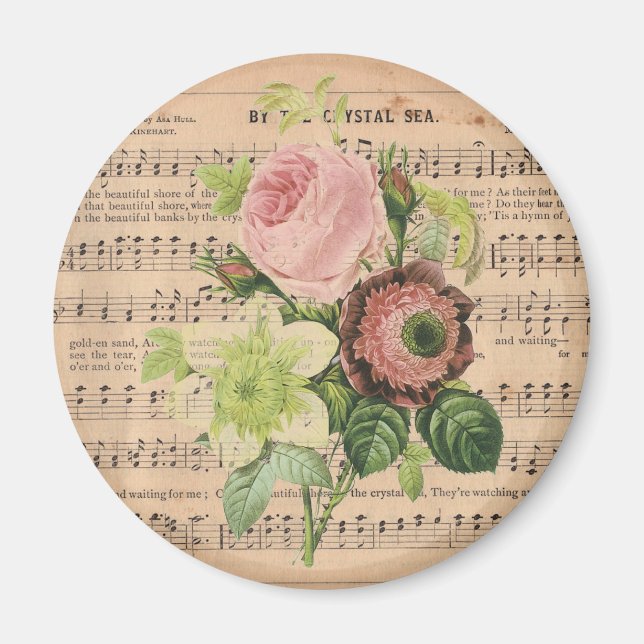 Vintage Peonies auf Notenblättern Magnet (Vorne)