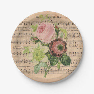 Vintage Peonies auf Notenblättern Pappteller
