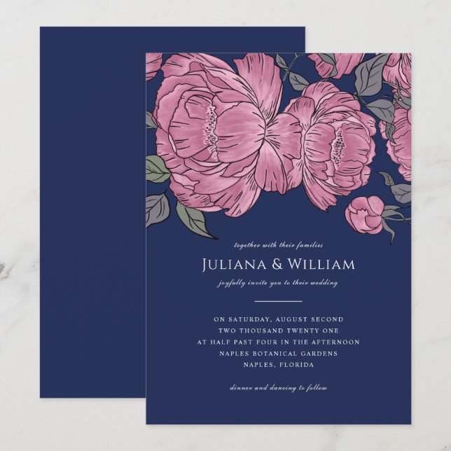 Vintage Peonies Hochzeit Einladung in Blau (Vorne/Hinten)