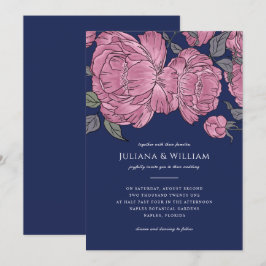 Vintage Peonies Hochzeit Einladung in Blau
