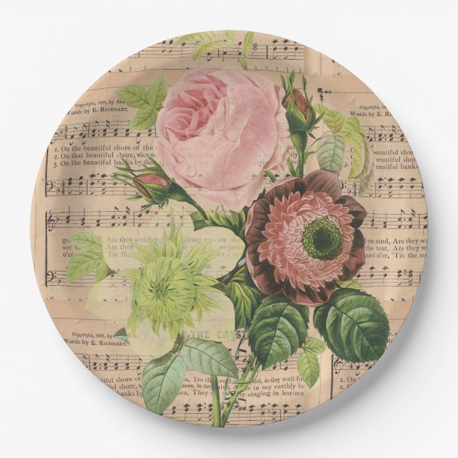 Vintage Peonies und Noten Pappteller (Vorderseite)
