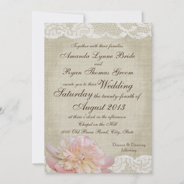 Vintage Peony and Lace Wedding Einladung (Vorderseite)