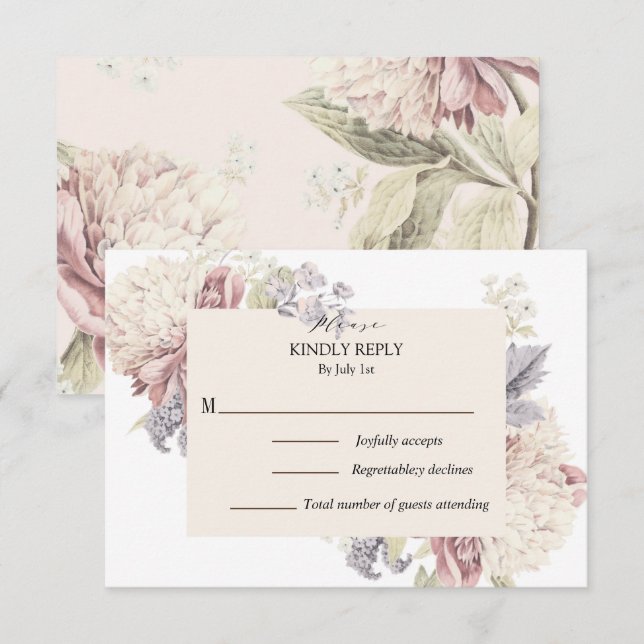 Vintage Peony Botanical Art Wedding RSVP Karte (Vorne/Hinten)