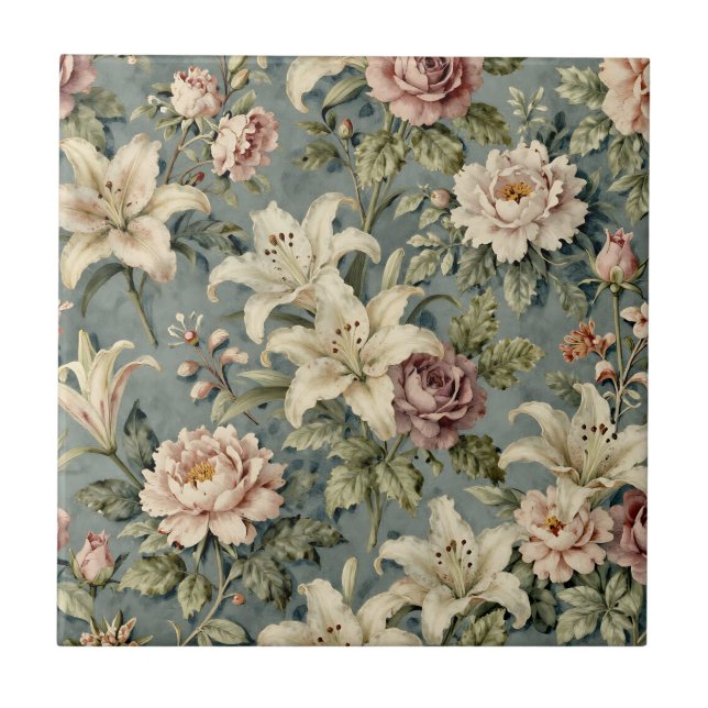 Vintage Peony Lily Floral Pattern Fliese (Vorderseite)