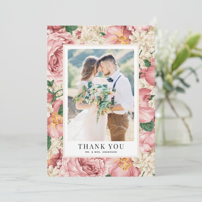 Vintage Peony Pattern Hochzeit Foto Hochzeit Dankeskarte (Stehend Vorderseite)