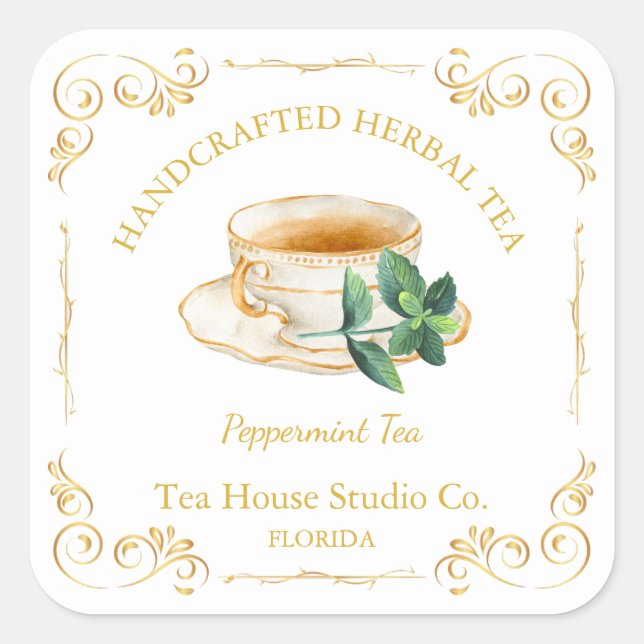 Vintage Peppermint Tea Square Label Quadratischer Aufkleber (Vorderseite)
