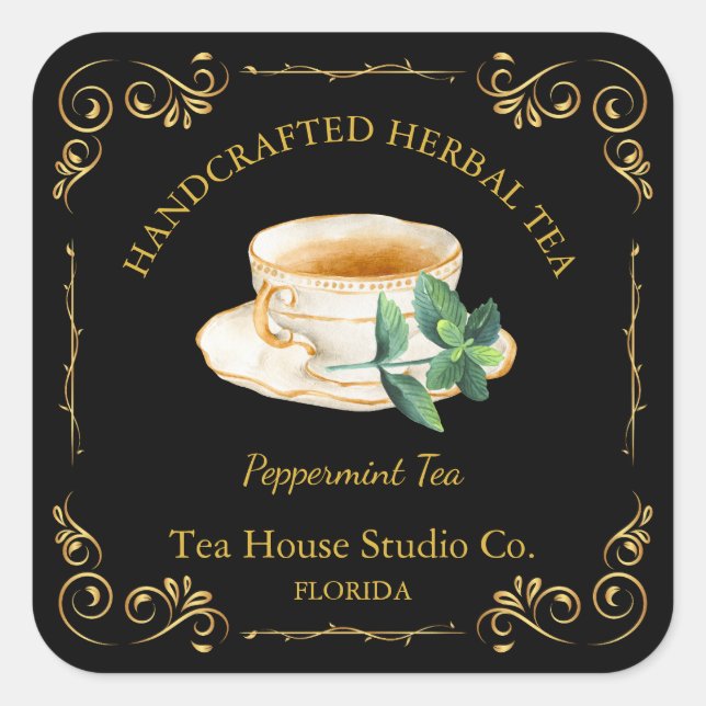Vintage Peppermint Tea Square Label Quadratischer Aufkleber (Vorderseite)