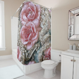 Vintage Perlen und rosa Rosenmuster Duschvorhang