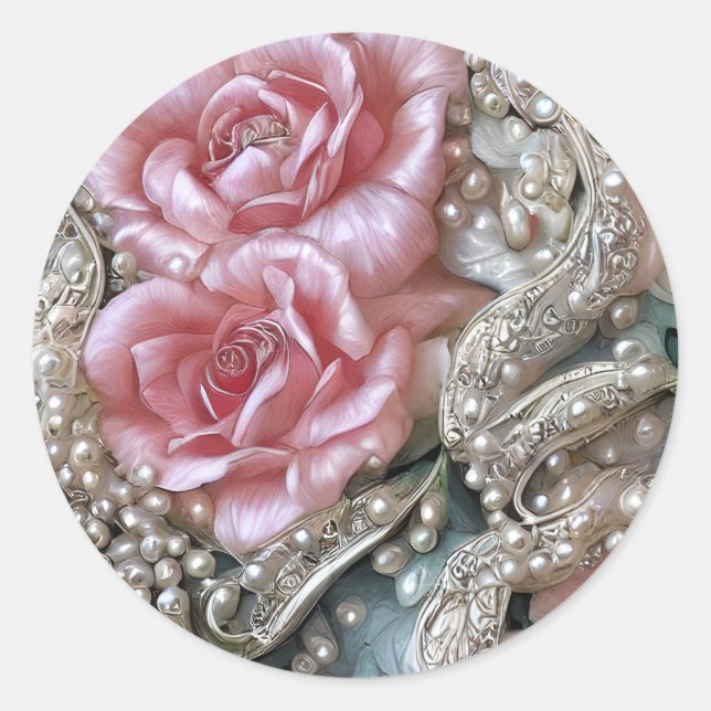 Vintage Perlen und rosa Rosenmuster Runder Aufkleber (Vorderseite)
