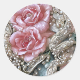 Vintage Perlen und rosa Rosenmuster Runder Aufkleber