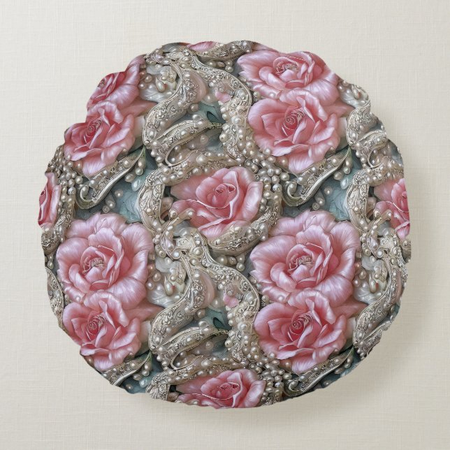 Vintage Perlen und rosa Rosenmuster Rundes Kissen (Vorderseite)