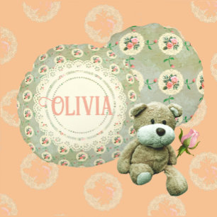 Vintage Personalisierte Rose Doily Green Damask Rundes Kissen