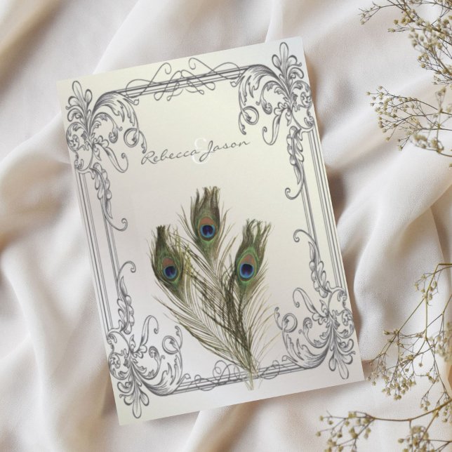 Vintage Pfarrkirche Einladung (elegant vintage pearl floral peacock wedding invitation)