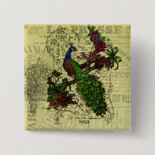 Vintage Pfau auf Ast Bekleidung und Geschenke Button