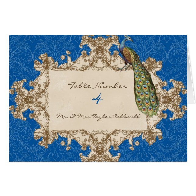 Vintage-Pfau-Hochzeitstisch-Nummern-Sitzkarten (Vorderseite (Horizontal))