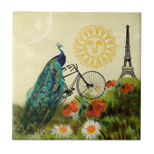 Vintage Pfau-Kunst mit Eiffel-Turm Fliese