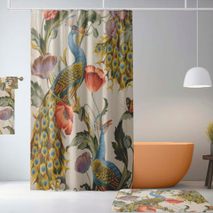 Vintage-Pfau mit rosa und violetten Mohnblumen Duschvorhang