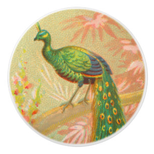 Vintage Pfau- und Blume-Malerei Keramikknauf