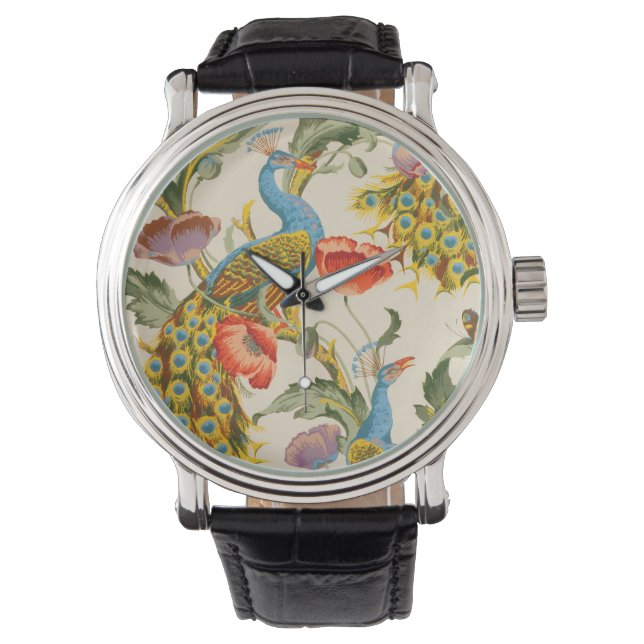 Vintage Pfau- und Mohndarstellungen Armbanduhr (Vorderseite)