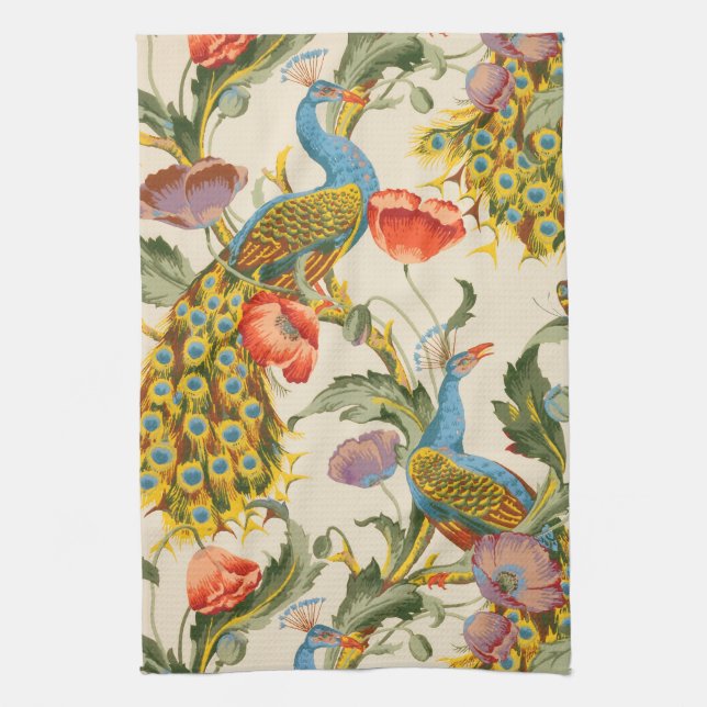 Vintage Pfau- und Mohndarstellungen Geschirrtuch (Vertikal)