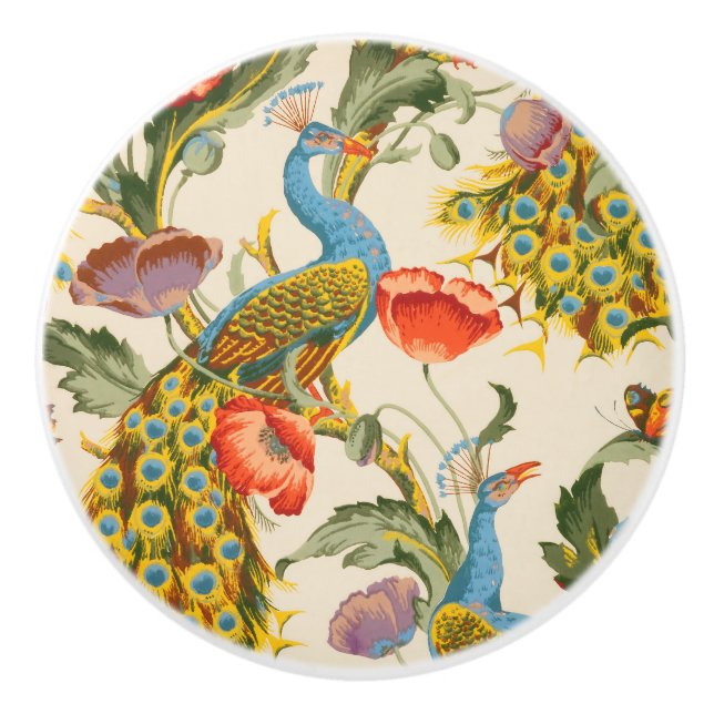 Vintage Pfau- und Mohndarstellungen Keramikknauf (Vorderseite)