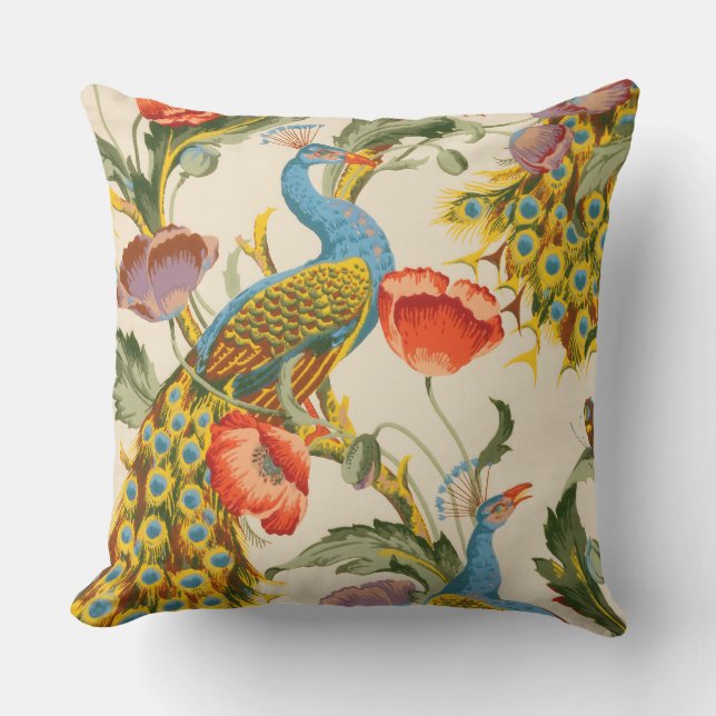 Vintage Pfau- und Mohndarstellungen Kissen (Vorderseite)