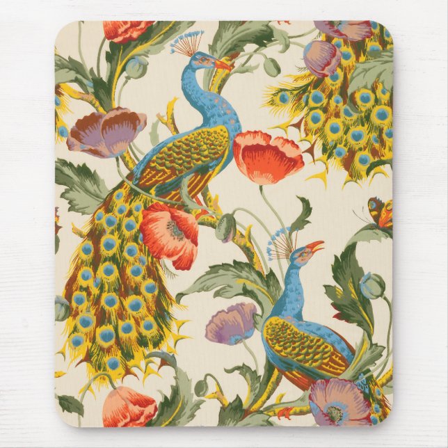 Vintage Pfau- und Mohndarstellungen Mousepad (Vorne)