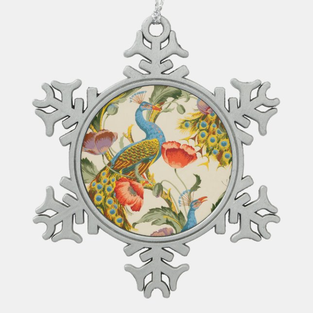 Vintage Pfau- und Mohndarstellungen Schneeflocken Zinn-Ornament (Vorderseite)