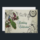 Vintage Pfaueneinladung zum Geburtstag Einladung<br><div class="desc">Unsere Vintagen Pfau-Geburtstagseinladungen sind schön und leicht zu gestalten, ideal für die Geburtstagsfeier von jedem, der Pfaue und nach einem klassischen Vintagen Design sucht. Auf der Vorderseite der Karte befindet sich ein hübscher grüner und blauer Pfau auf einem Ast, viele schwarze Rollen, Text, der Geburtstagsfeier heißt, und ein Bereich, in...</div>
