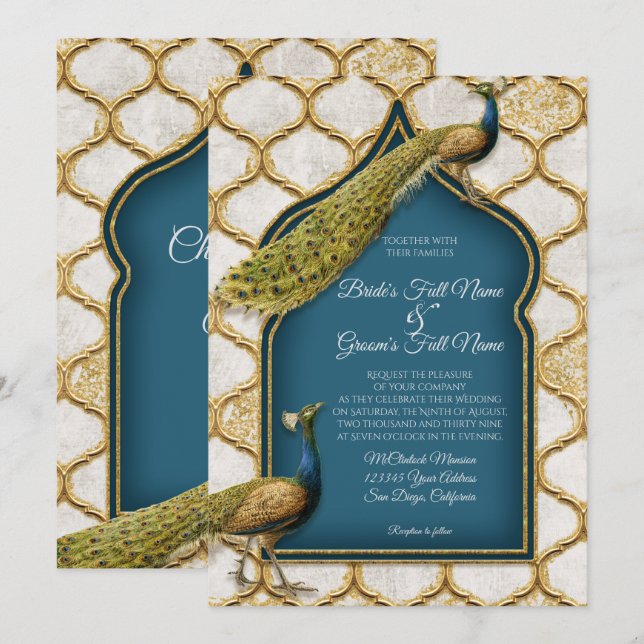 Vintage Pfauenfeathers Arabesque Gold Wedding Einladung (Vorne/Hinten)