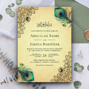 Vintage Pfauenfedern QR-Code muslimische Hochzeit Einladung