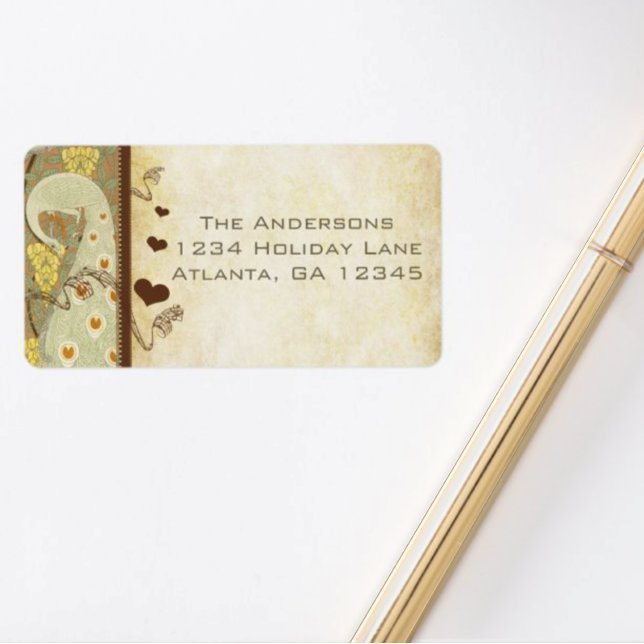 Vintage Pfauengelbe Korallenmusik Adressaufkleber (Von Creator hochgeladen)