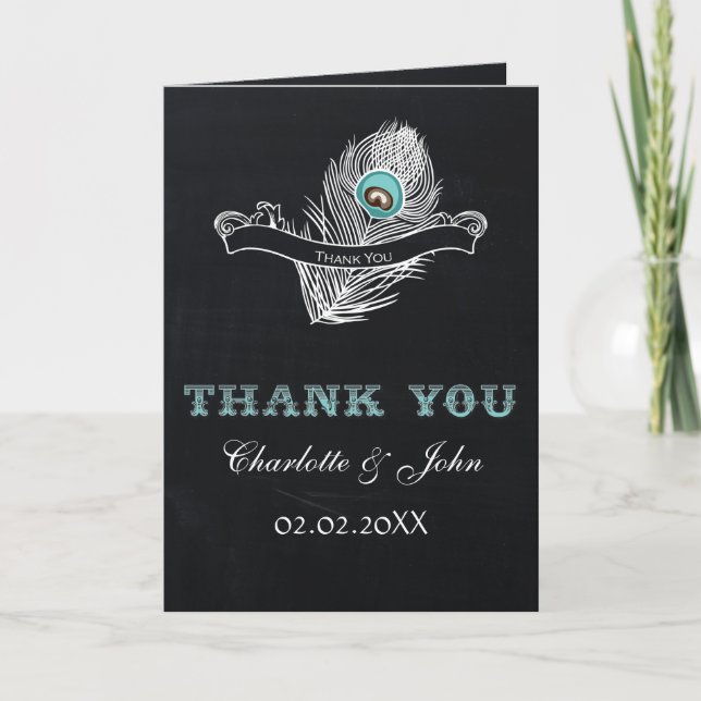 Vintage Pfauenhochzeit Chalkboard Vielen Dank Dankeskarte (Vorderseite)