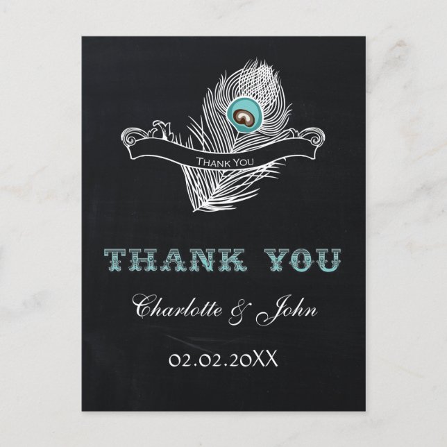 Vintage Pfauenhochzeit Chalkboard Vielen Dank Postkarte (Vorderseite)