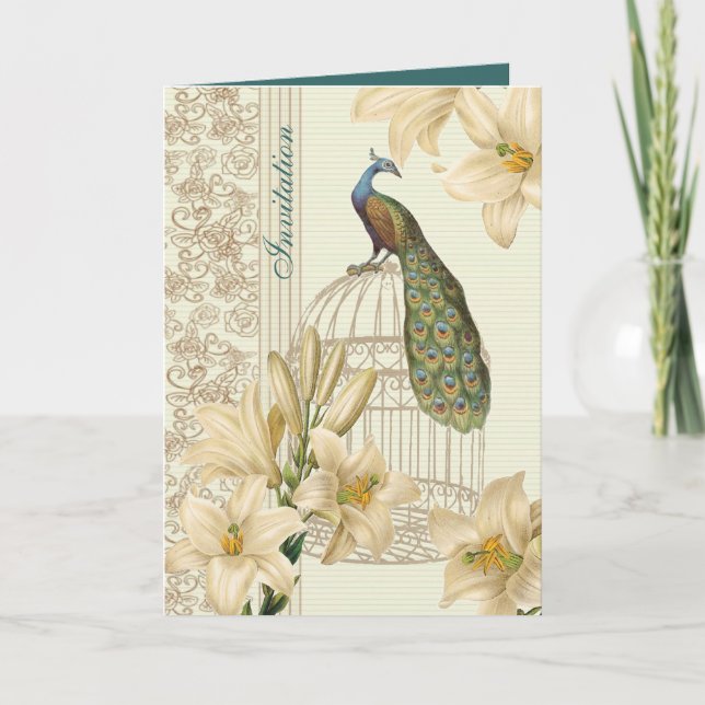 Vintage Pfauenhochzeit Einladung (Vorderseite)