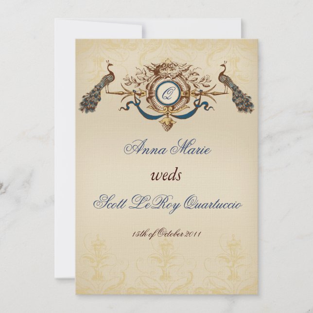 Vintage Pfauenhochzeit Einladung (Vorderseite)
