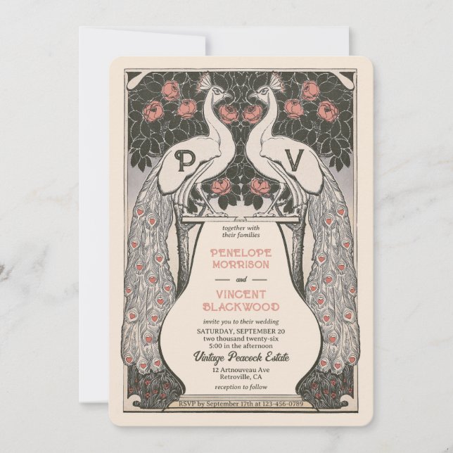 Vintage Pfauenhochzeit Liebe Einladung (Vorderseite)