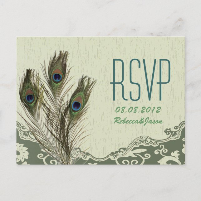 Vintage Pfauenhochzeit RSVP Einladungspostkarte (Vorderseite)