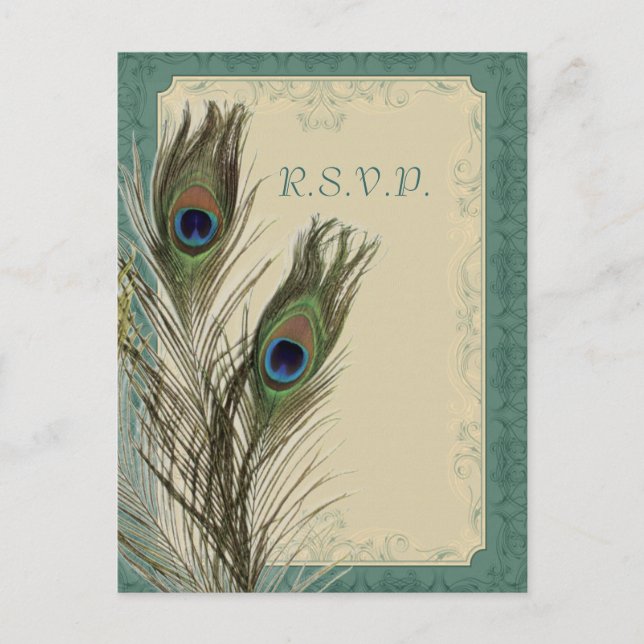 Vintage Pfauenhochzeit RSVP Einladungspostkarte (Vorderseite)