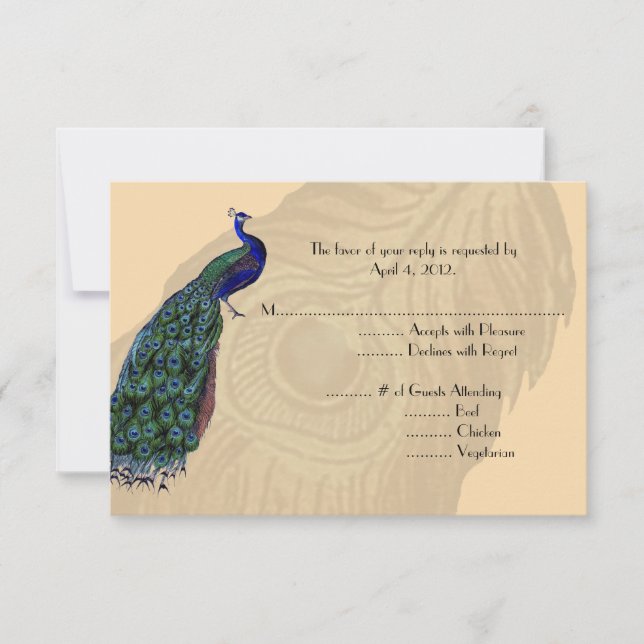 Vintage Pfauenkarten mit Menüoptionen RSVP Karte (Vorderseite)