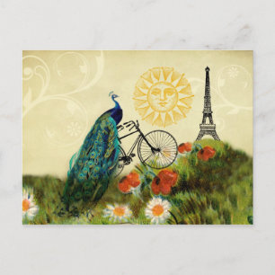 Vintage Pfauenkunst mit Eiffelturm Postkarte