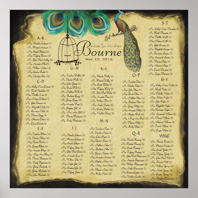 Vintage Pfauensitzkarte für 130 Gäste Poster (Vorne)